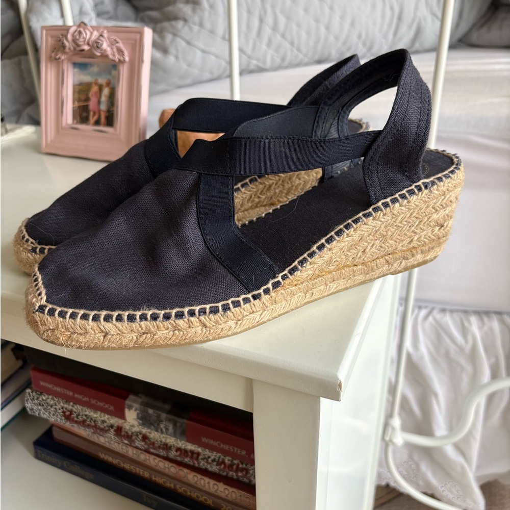 Navy Espadrille Wedge Slingback Shoes, Women’s Size 41